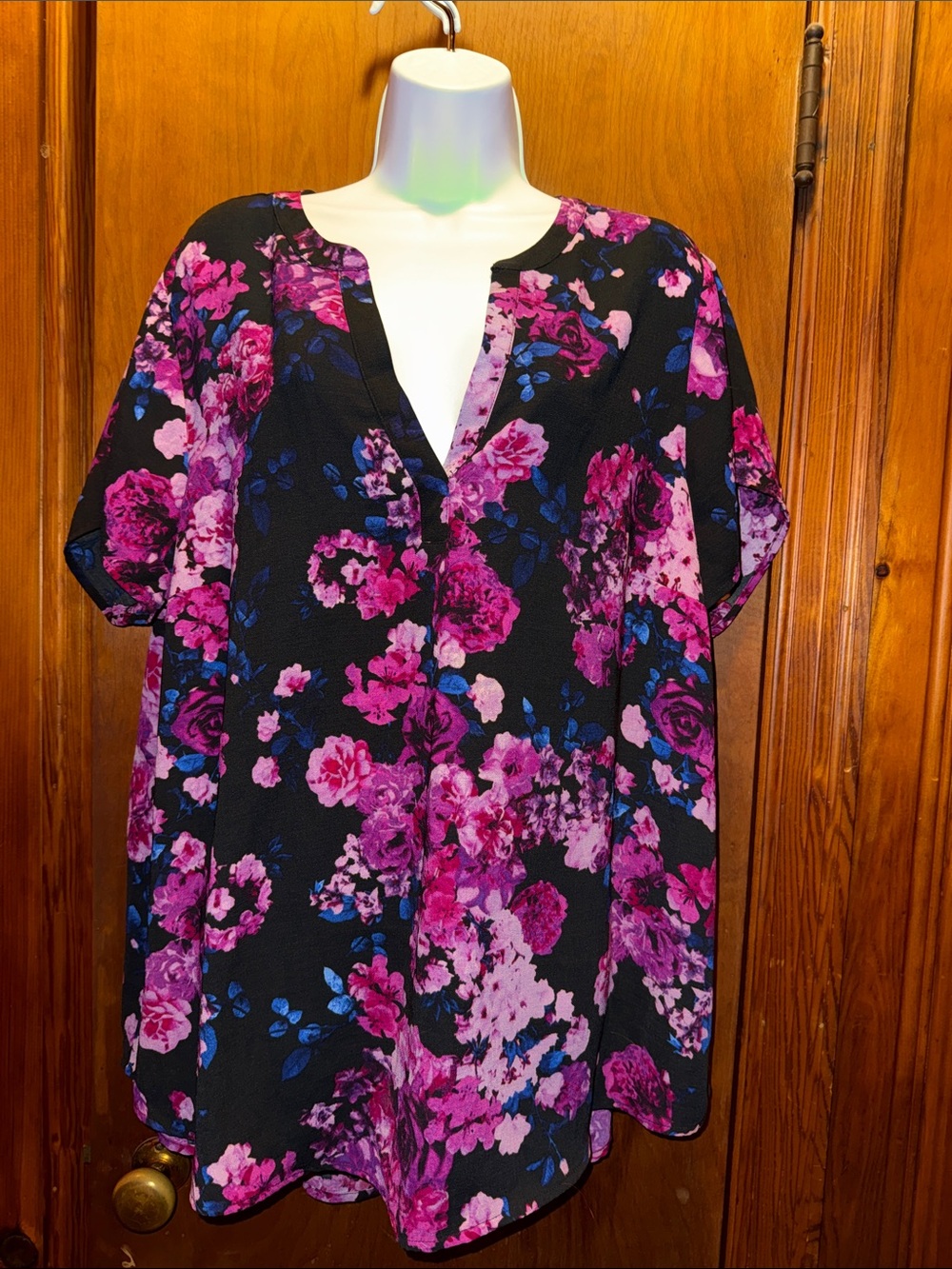 Black Floral Split-Neck Tunic Top - Pink & Blue Blooms